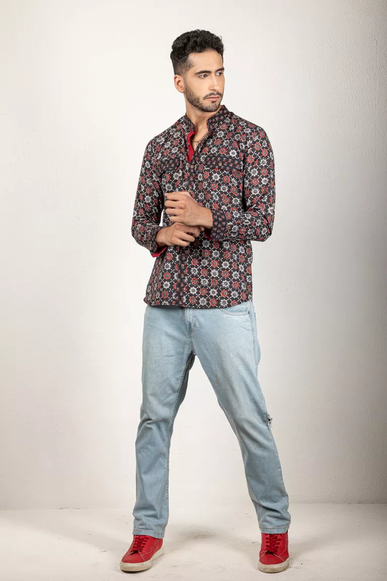 Black Ajrakh-Printed Shirt