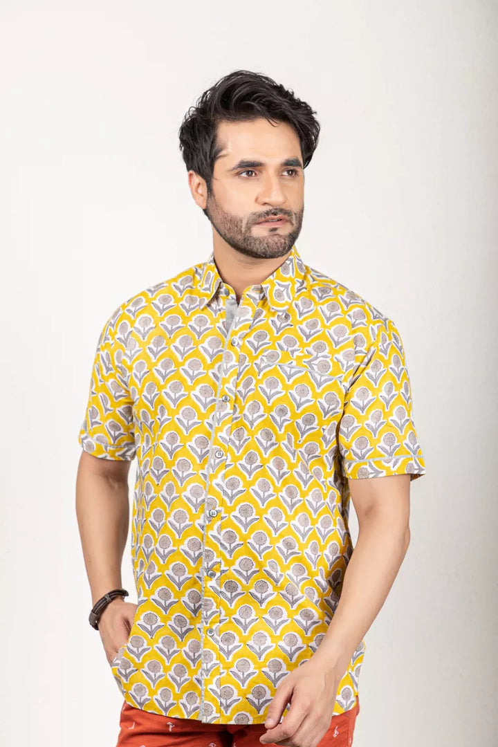 Yellow And Grey Hand Block Shirt - 100% Cotton