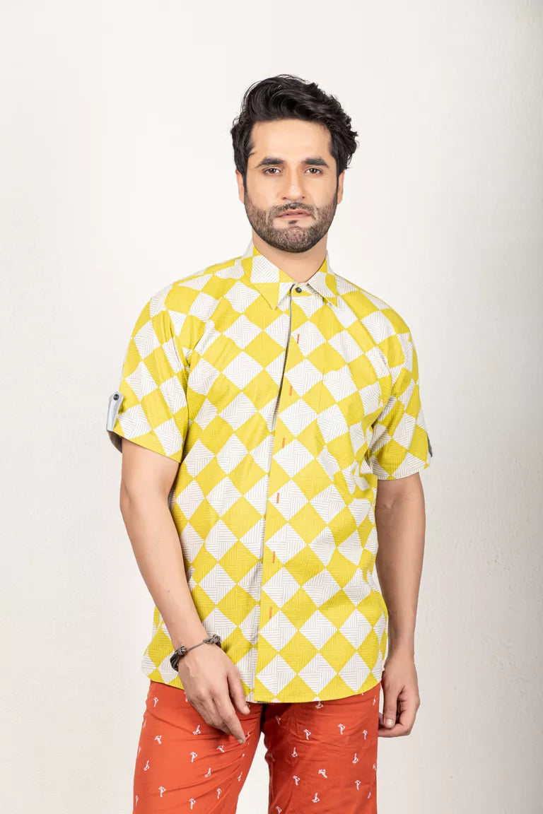 Yellow And Off-White Printed Shirt