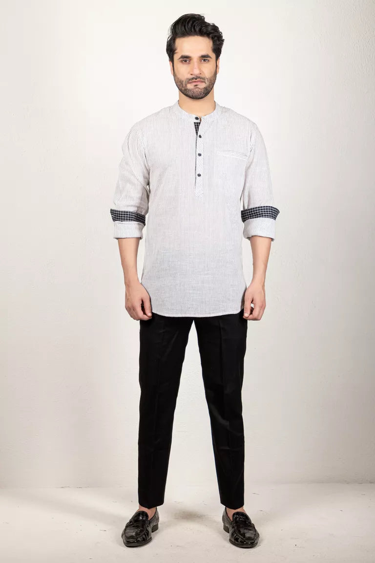 Woven Striped Black And White Short Kurta