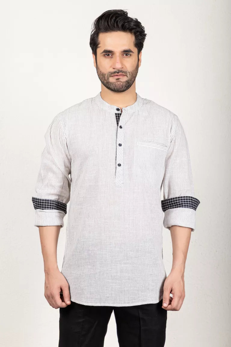 Woven Striped Black And White Short Kurta