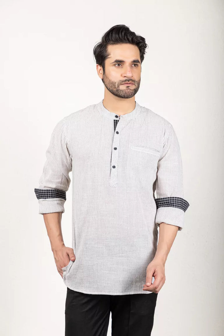 Woven Striped Black And White Short Kurta