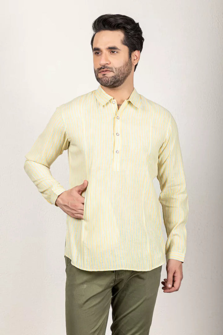 Pale Yellow And Blue Short Kurta