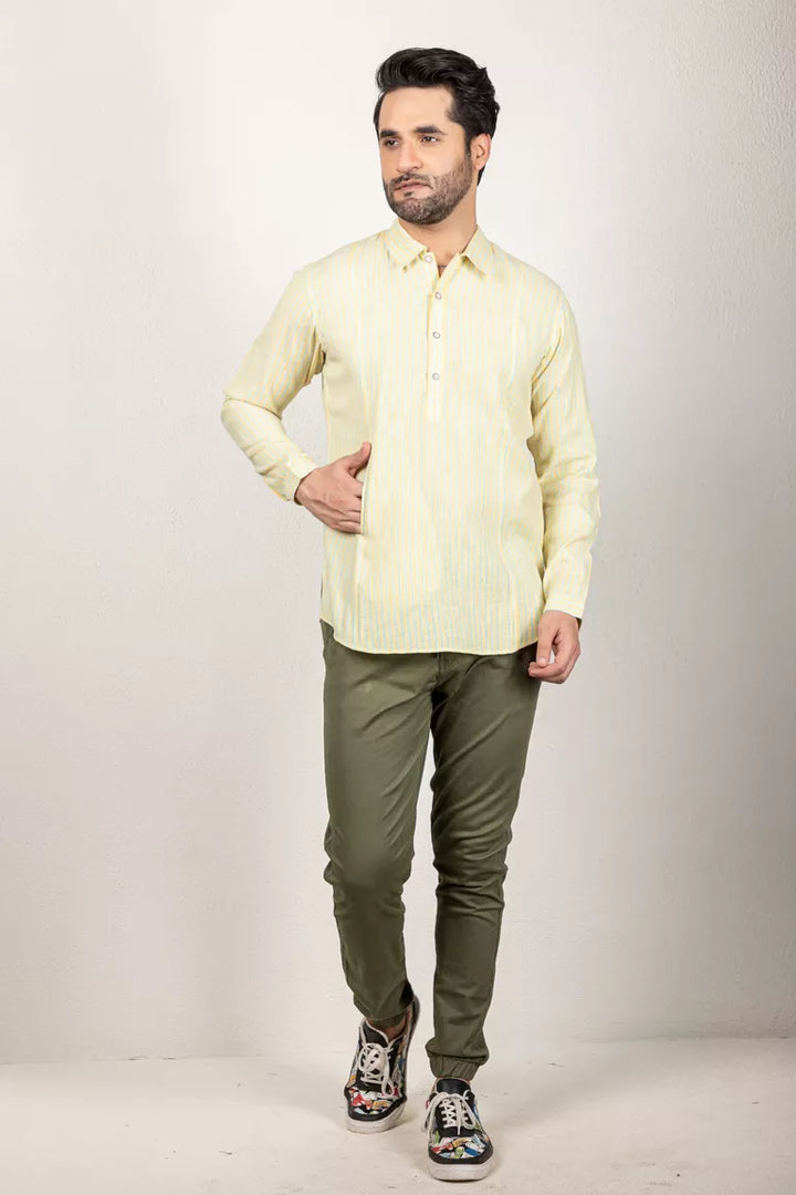 Pale Yellow And Blue Short Kurta