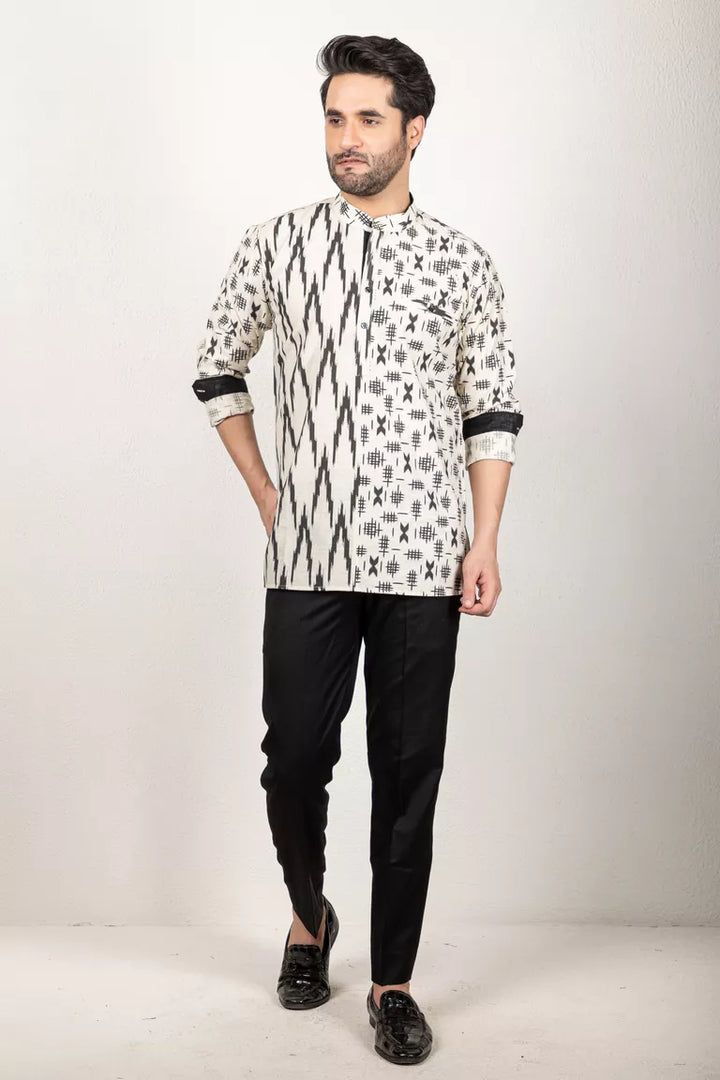 Cream And Black Printed Short Kurta