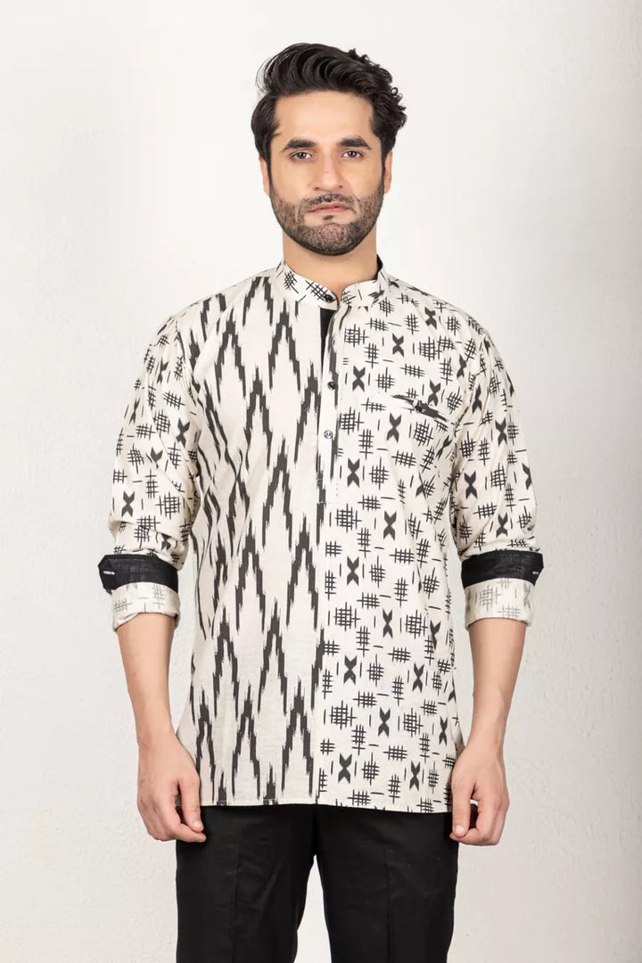 Cream And Black Printed Short Kurta