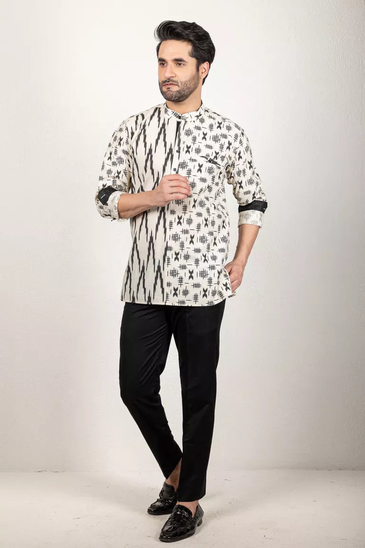 Cream And Black Printed Short Kurta