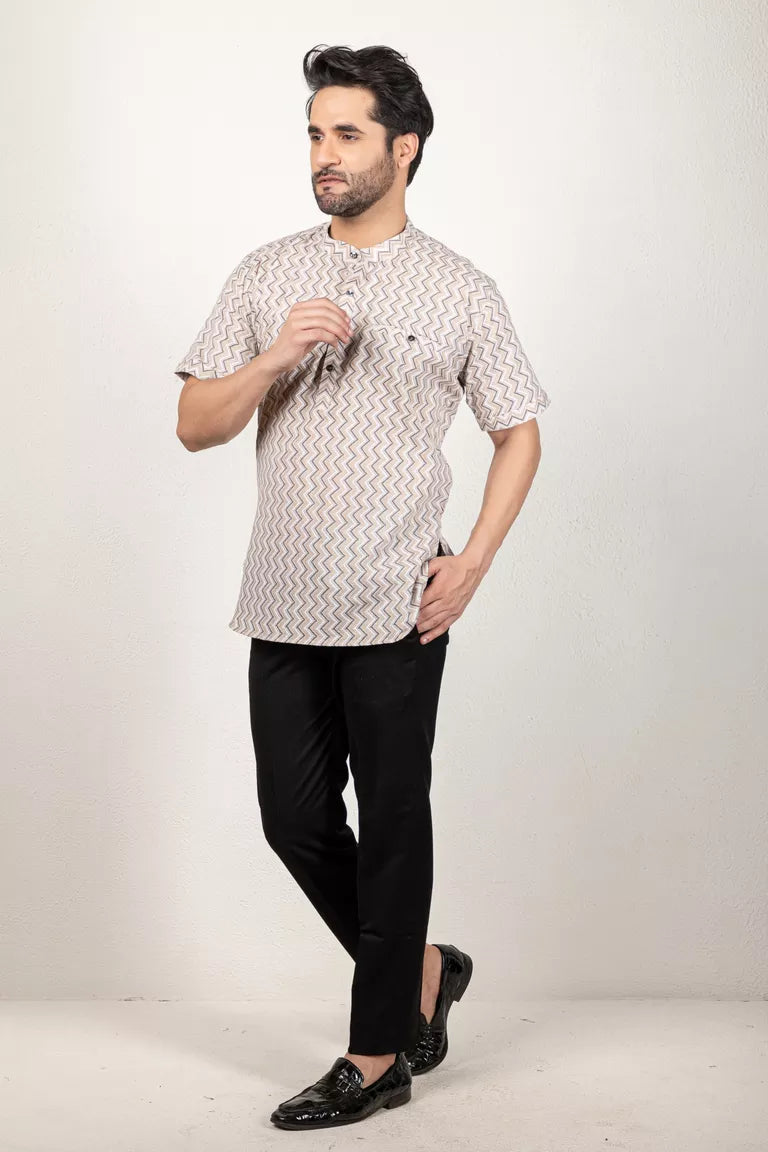 Grey-Colored Short Printed Kurta - 100% Cotton