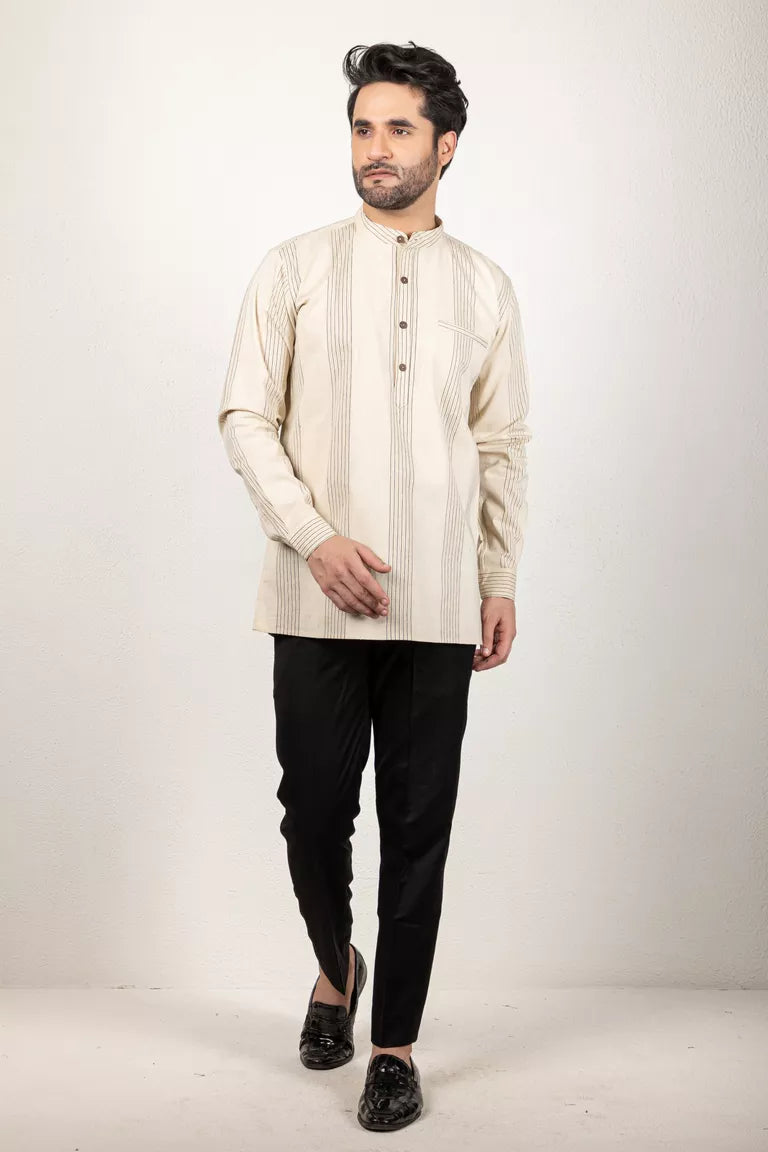 Two-Tone Yarn Dyed Cream Short Kurta