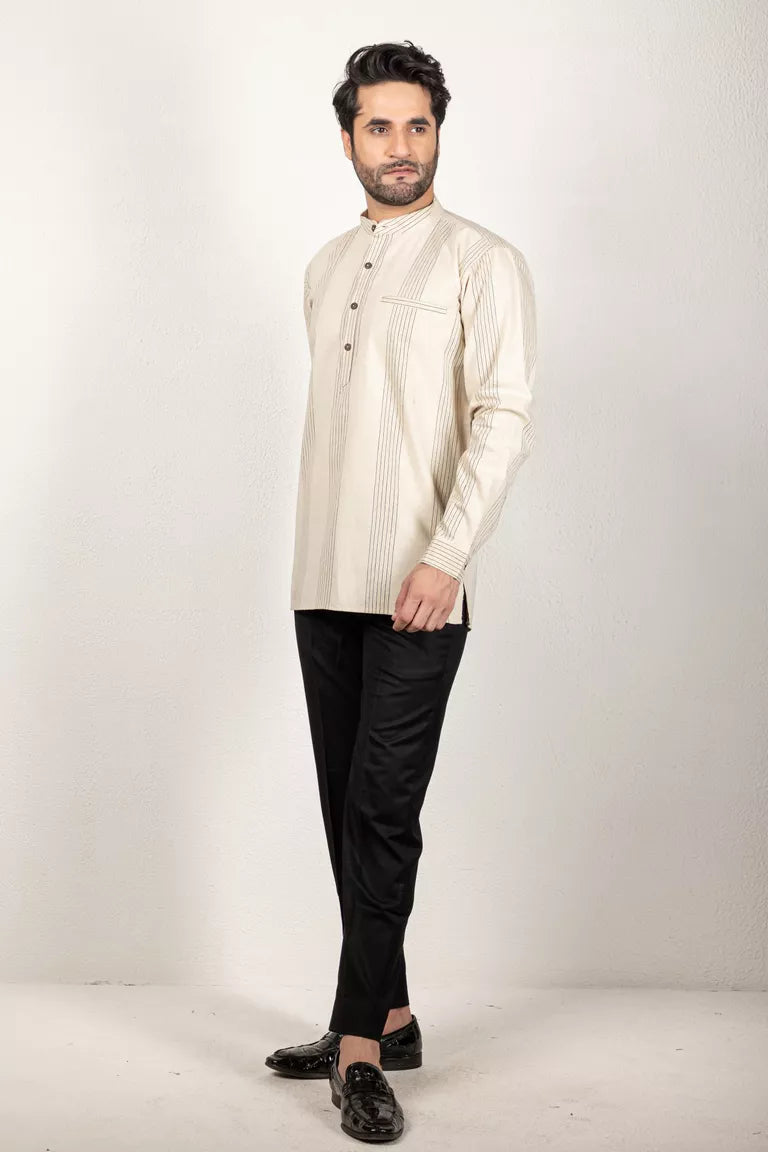 Two-Tone Yarn Dyed Cream Short Kurta