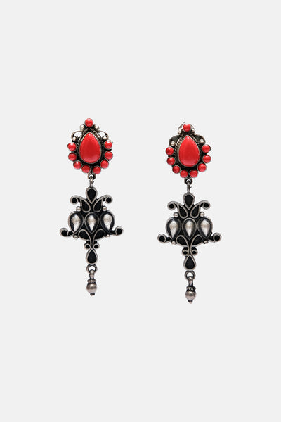 Silver Oxidised Dangling With Bold Red Colour Studs