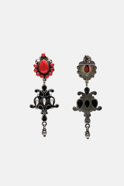 Silver Oxidised Dangling With Bold Red Colour Studs