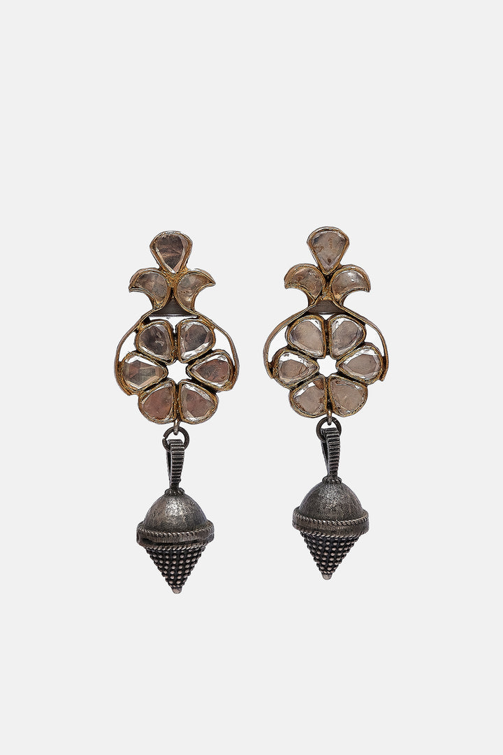 Silver Glass Work Jhumki With Dangling Cone