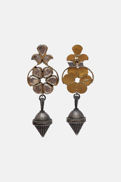 Silver Glass Work Jhumki With Dangling Cone