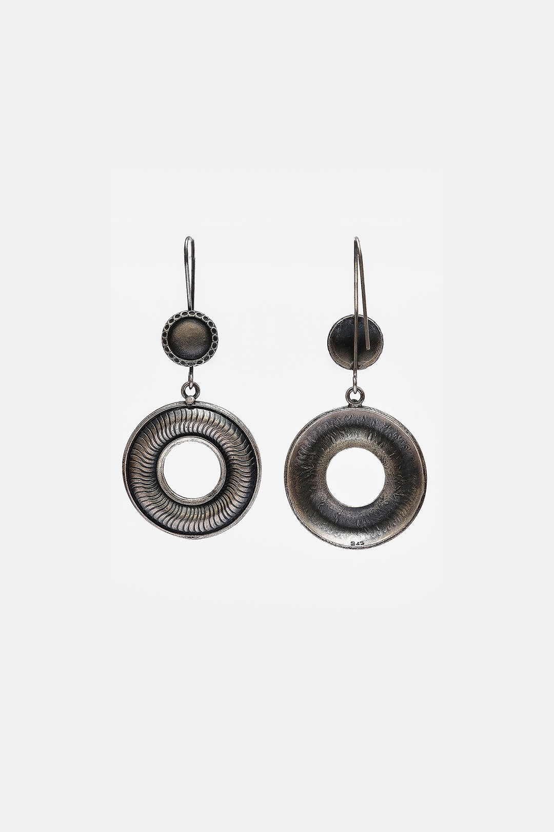 Double Circle With Line Detailing Silver Earrings