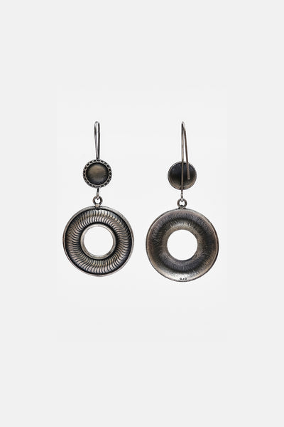 Double Circle With Line Detailing Silver Earrings