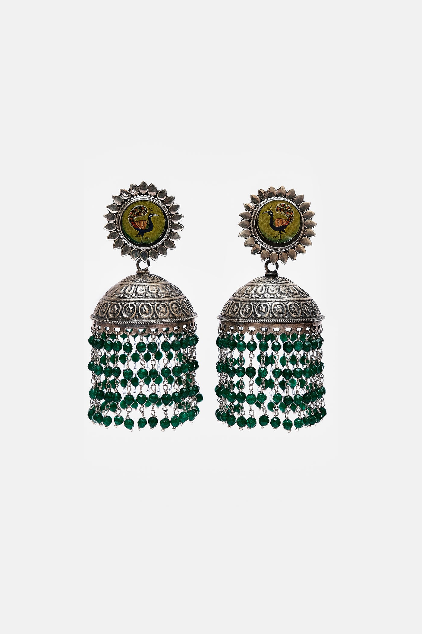 Hand Painted Peacock Motif With Green Pearls Jhumki