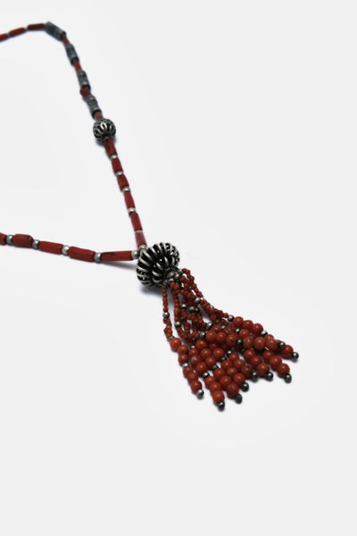 Orange Beaded And Piped Silver Necklace