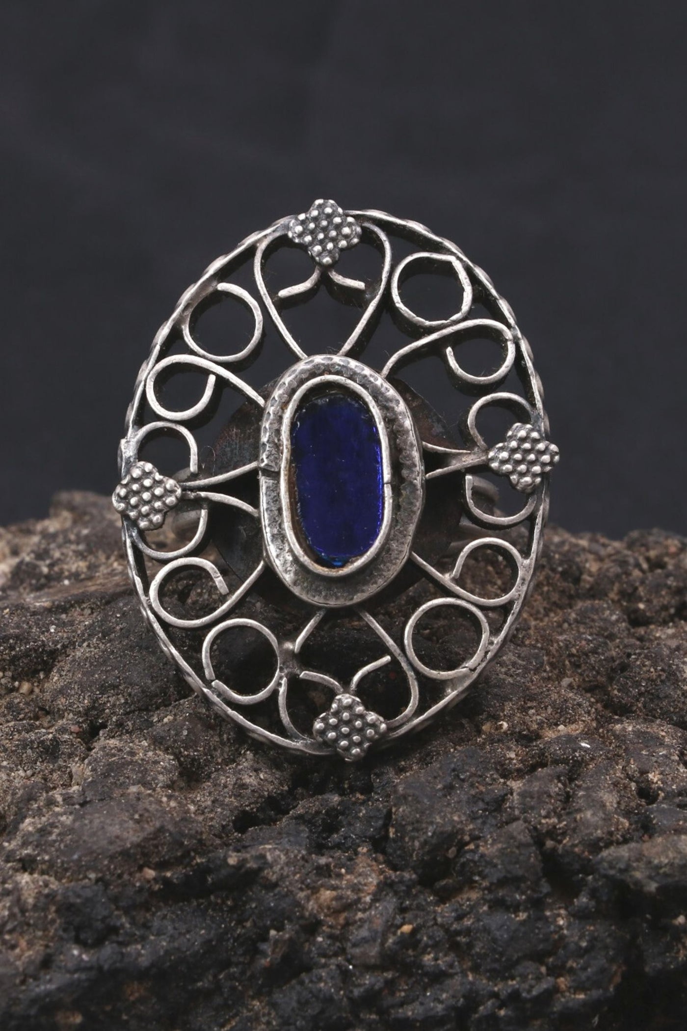 Traditional Filigree Work Blue Stone Hand Ring