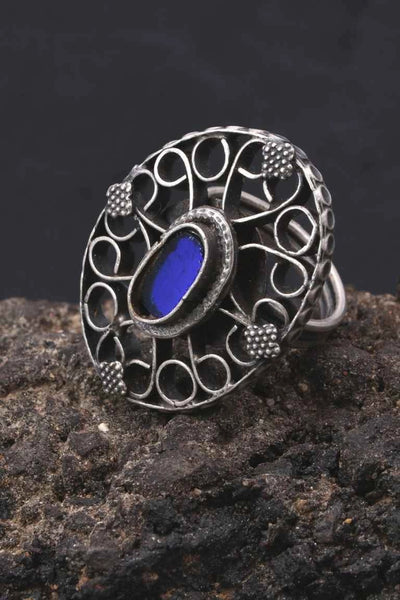 Traditional Filigree Work Blue Stone Hand Ring