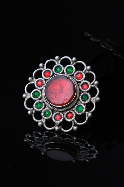 Bright Red And Green Coloured Silver Ring