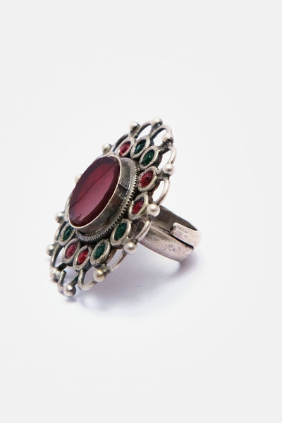 Bright Red And Green Coloured Silver Ring
