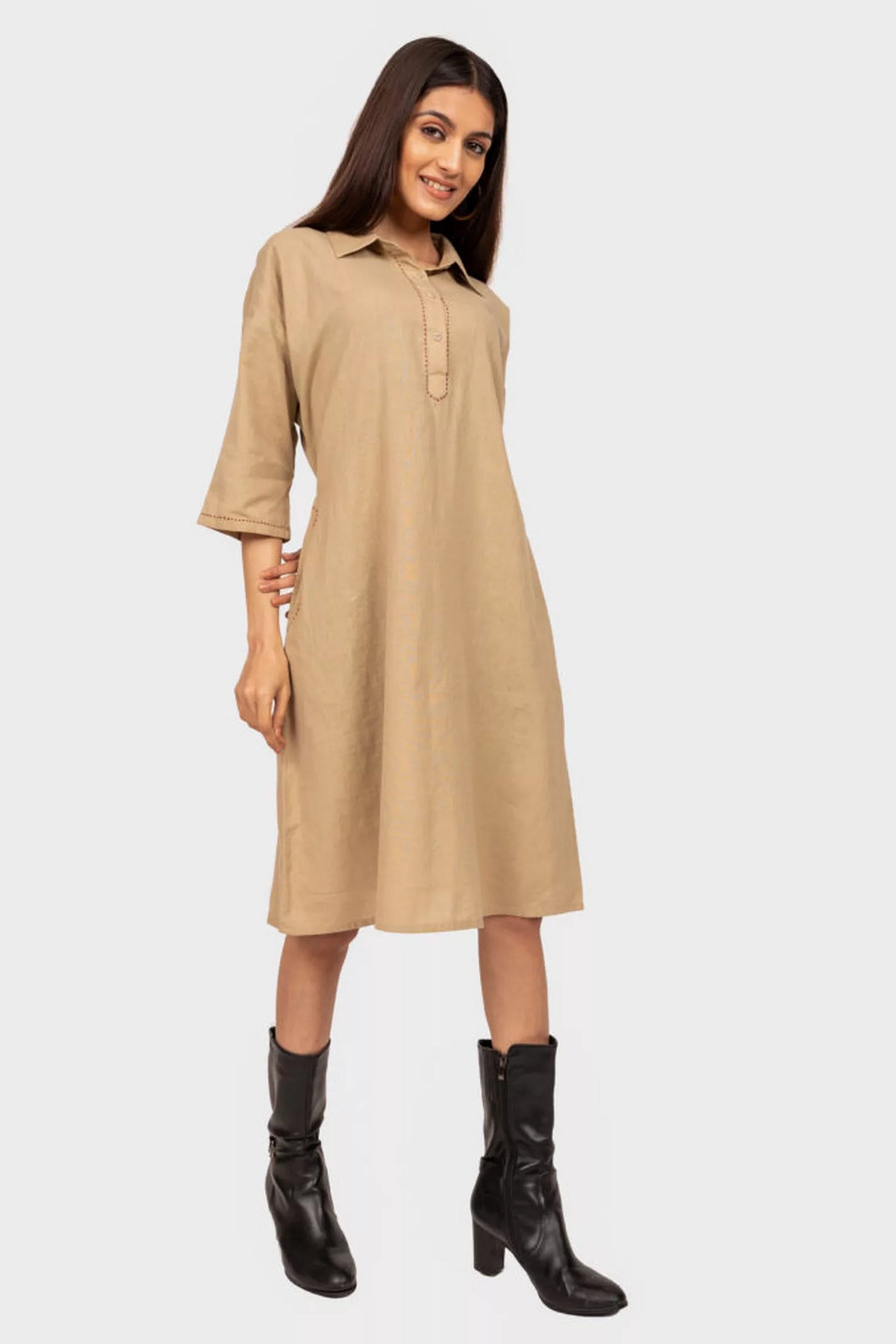 Khaki knee length cotton dress