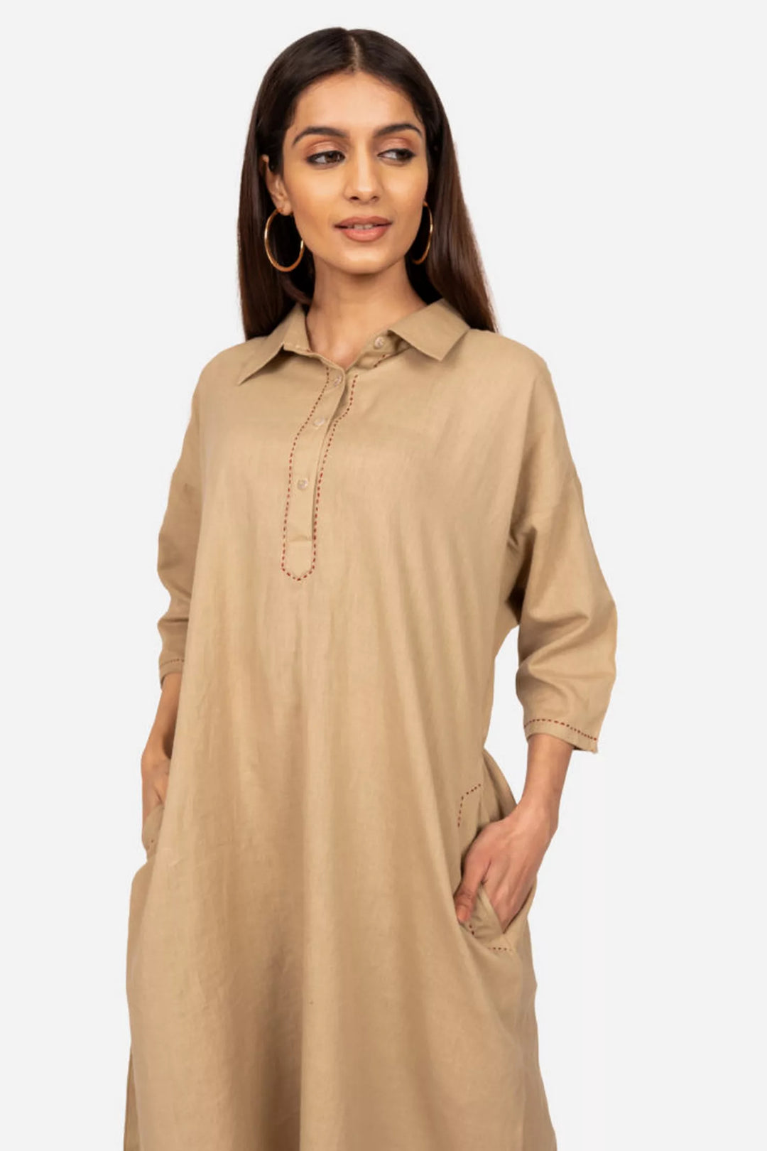 Khaki knee length cotton dress