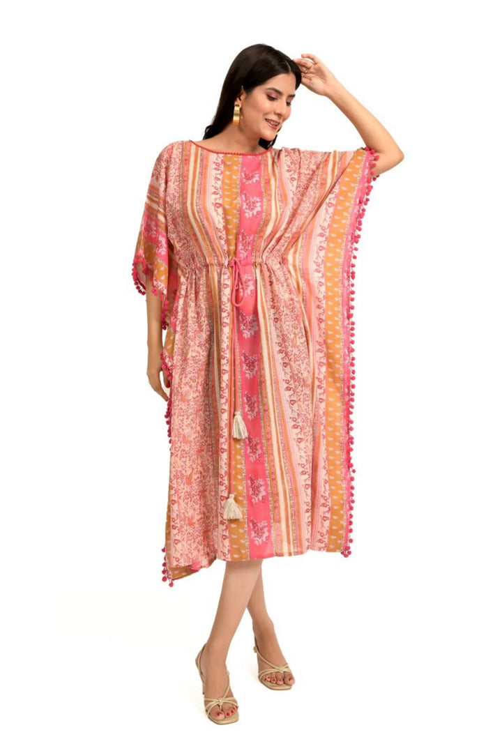 Pastel Pink And Gold Printed Kaftan