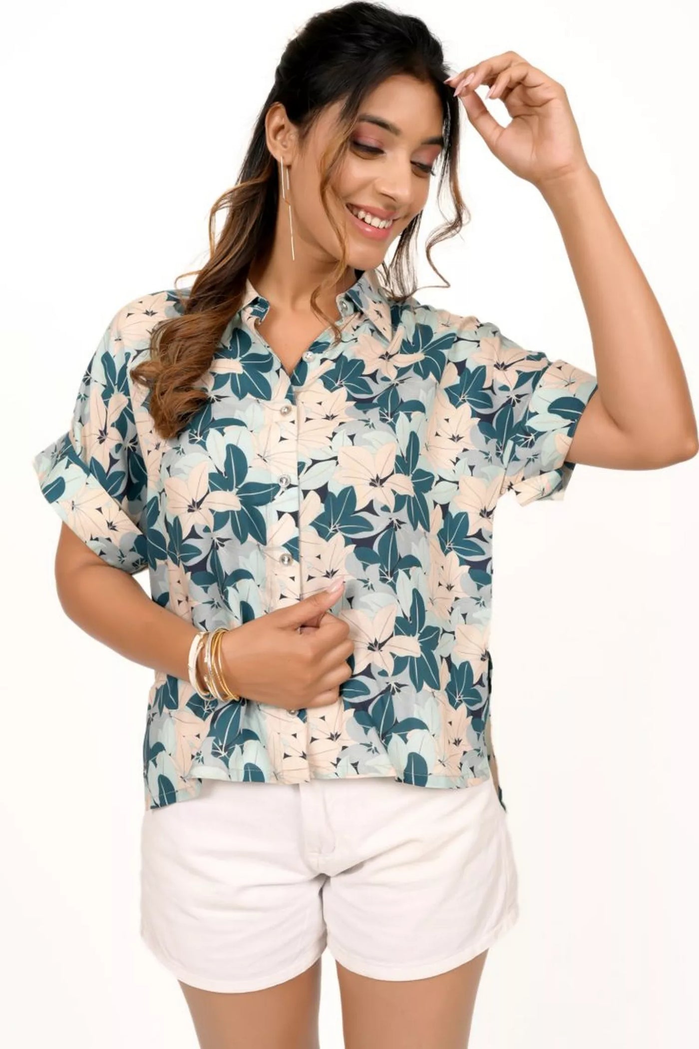 Teal Blue And Beige Tropical Print Shirt