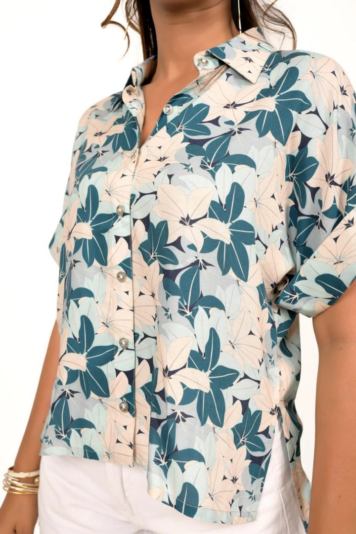 Teal Blue And Beige Tropical Print Shirt