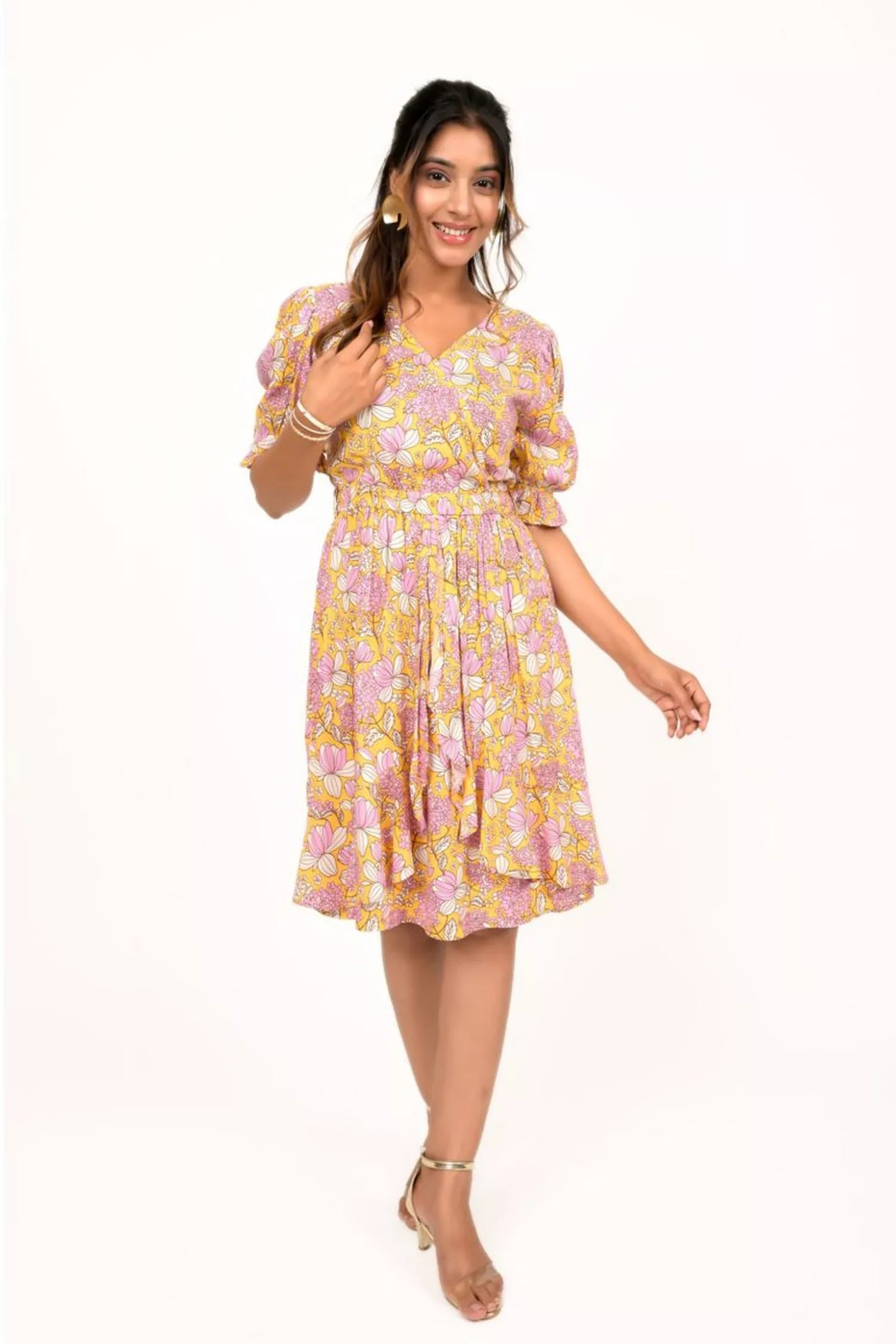 Yellow And Pink Floral Printed Short Dress
