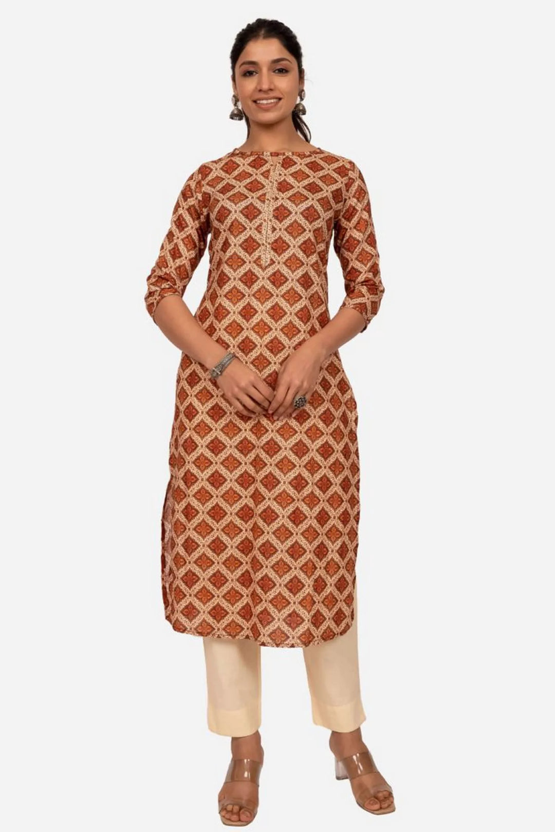 Rust and Beige Digital Print straight Kurta