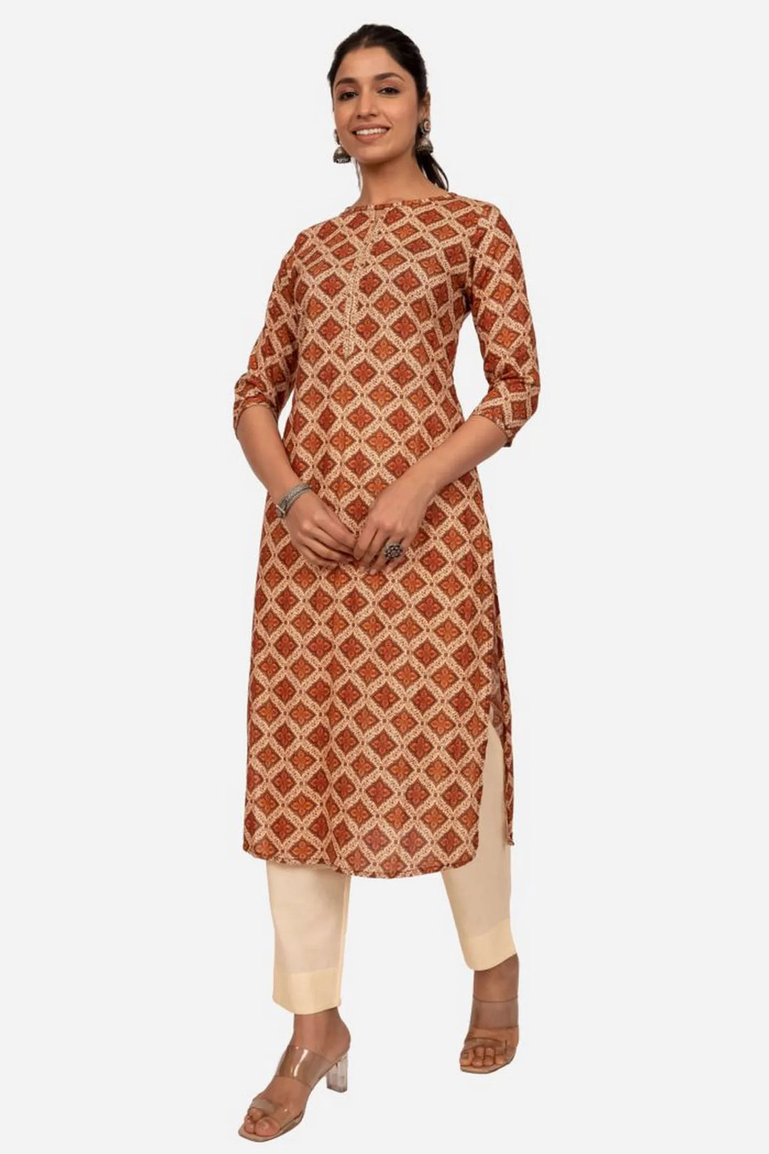 Rust and Beige Digital Print straight Kurta