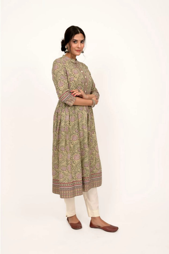 Pista Green Floral Print A Line Kurta