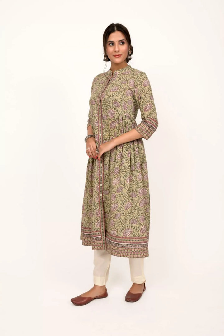 Pista Green Floral Print A Line Kurta