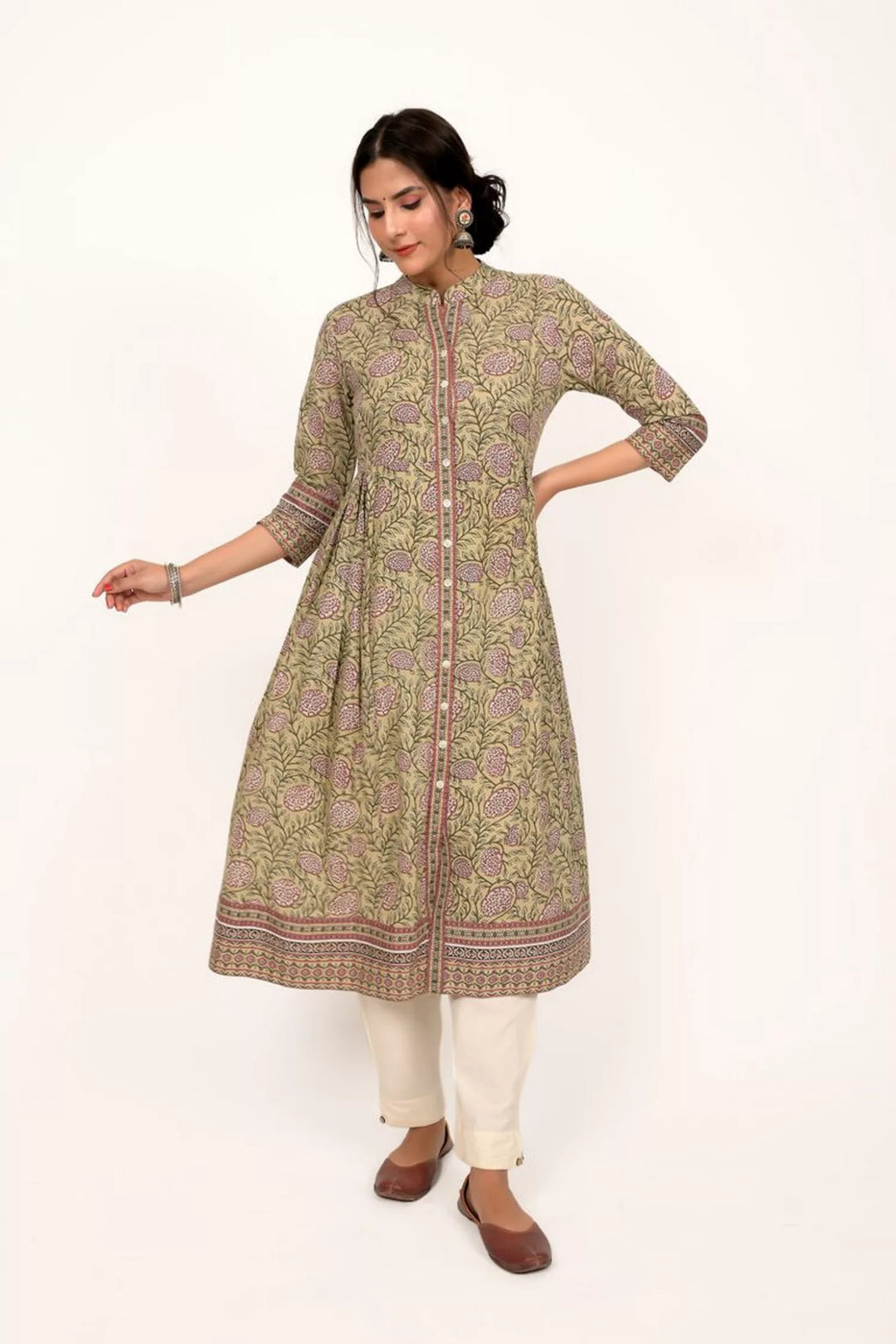 Pista Green Floral Print A Line Kurta