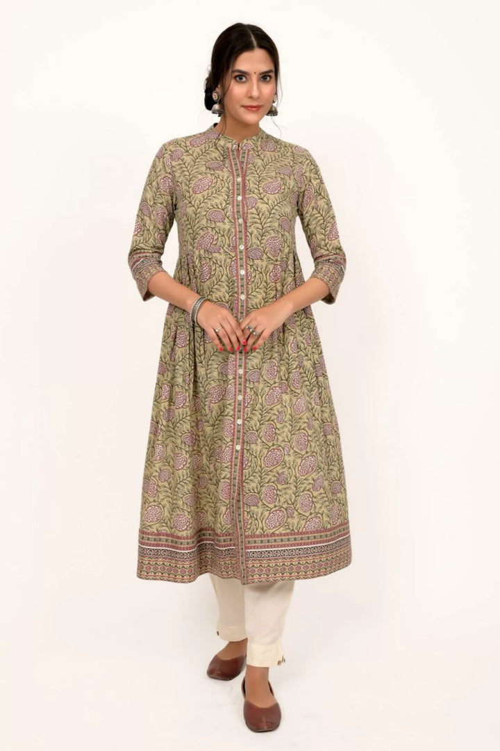 Pista Green Floral Print A Line Kurta