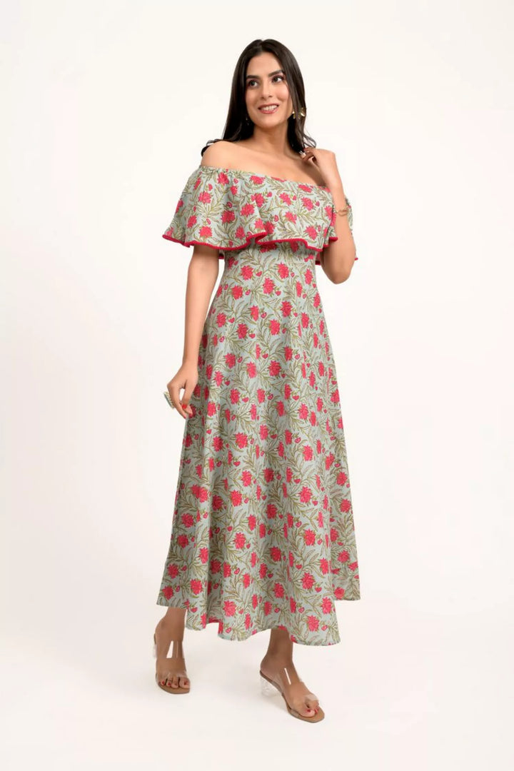 Teal Blue And Hot Pink Floral Printed Off Shoulder Long Dress