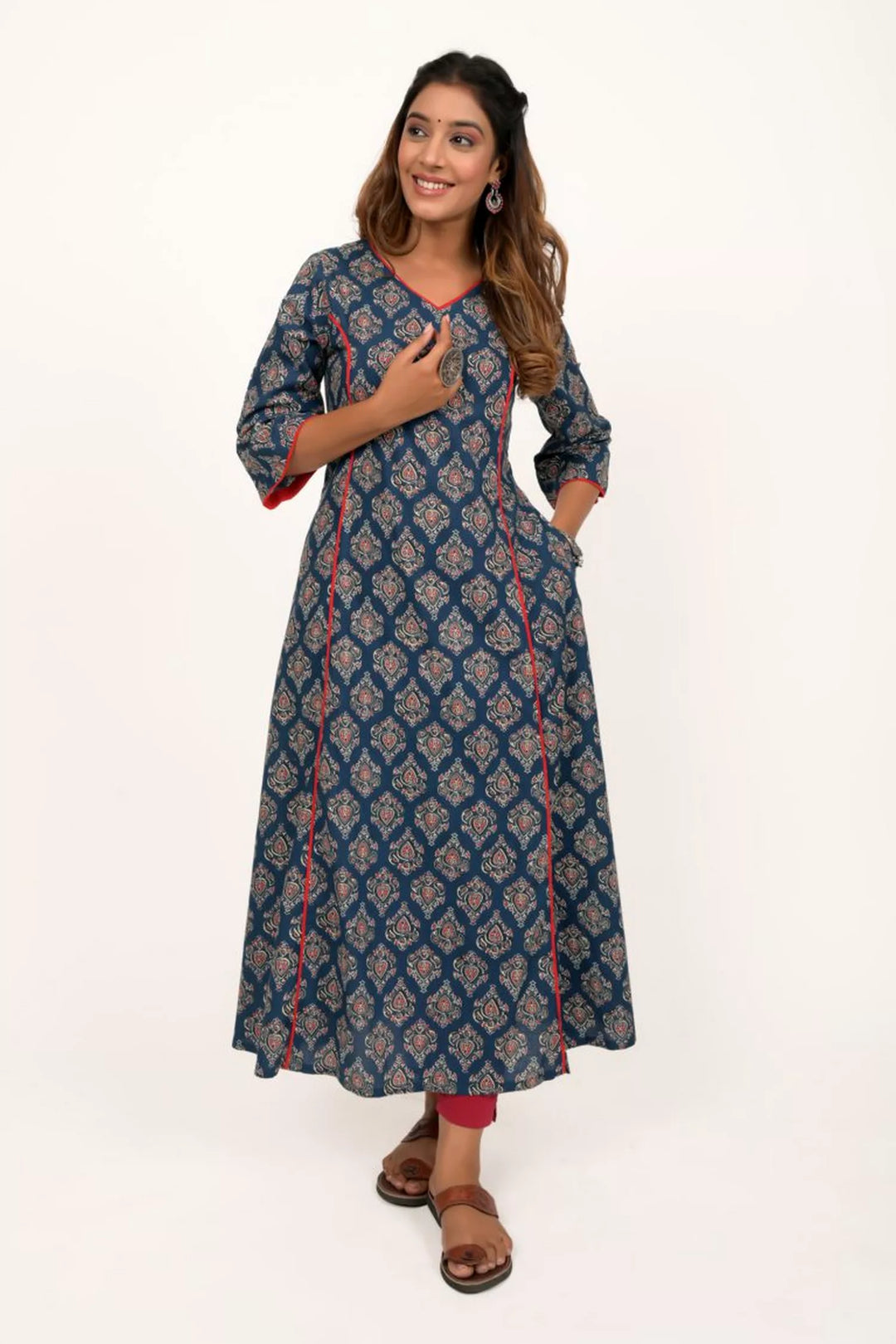 Navy Blue Maroon And Printed A Line Kurta