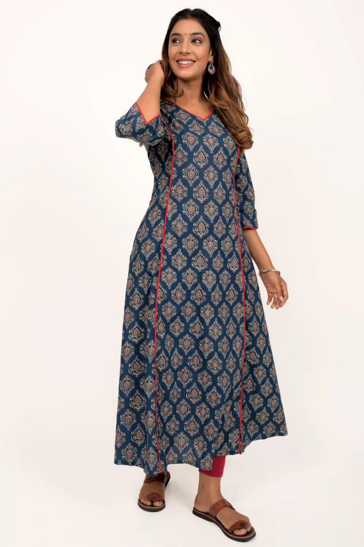 Navy Blue Maroon And Printed A Line Kurta