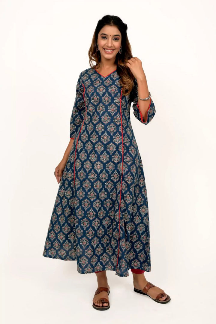 Navy Blue Maroon And Printed A Line Kurta