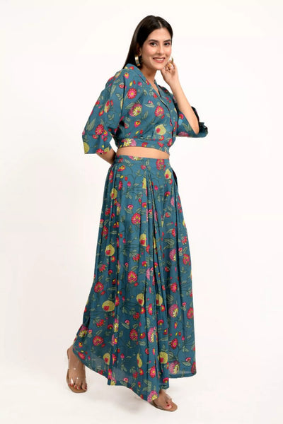 Teal Blue Multicoloured Printed Cotton Co-ord Set
