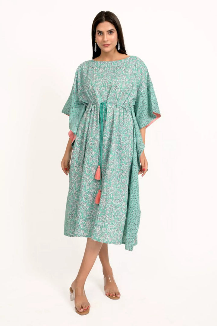 Sea Green And White Floral Print Kaftan