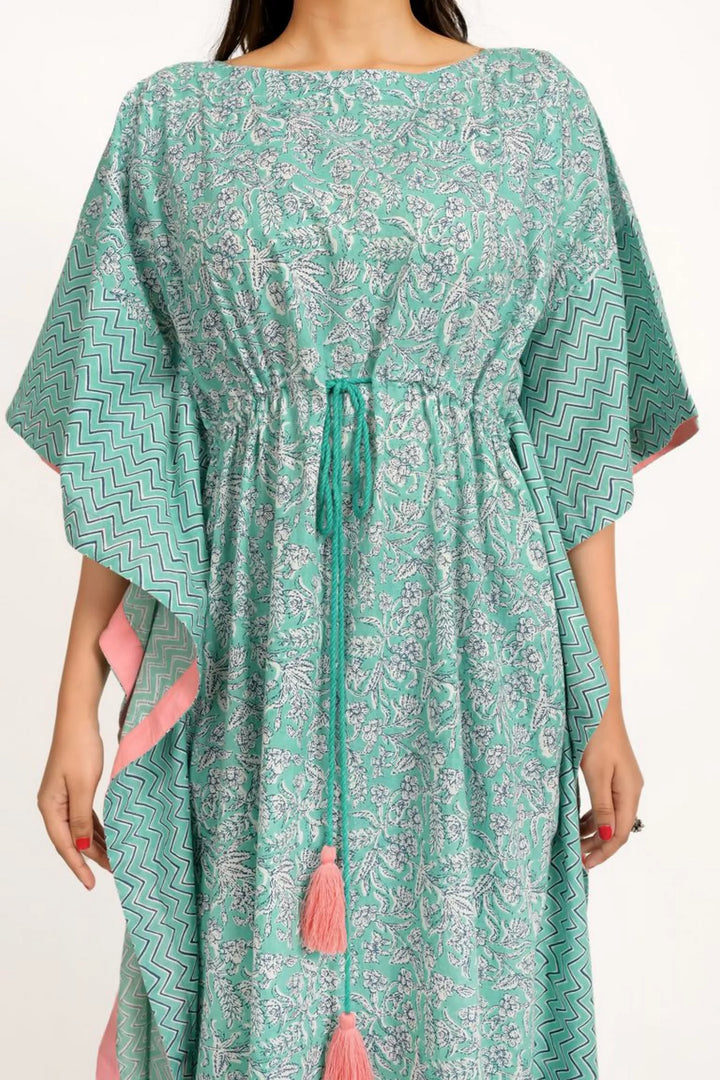 Sea Green And White Floral Print Kaftan