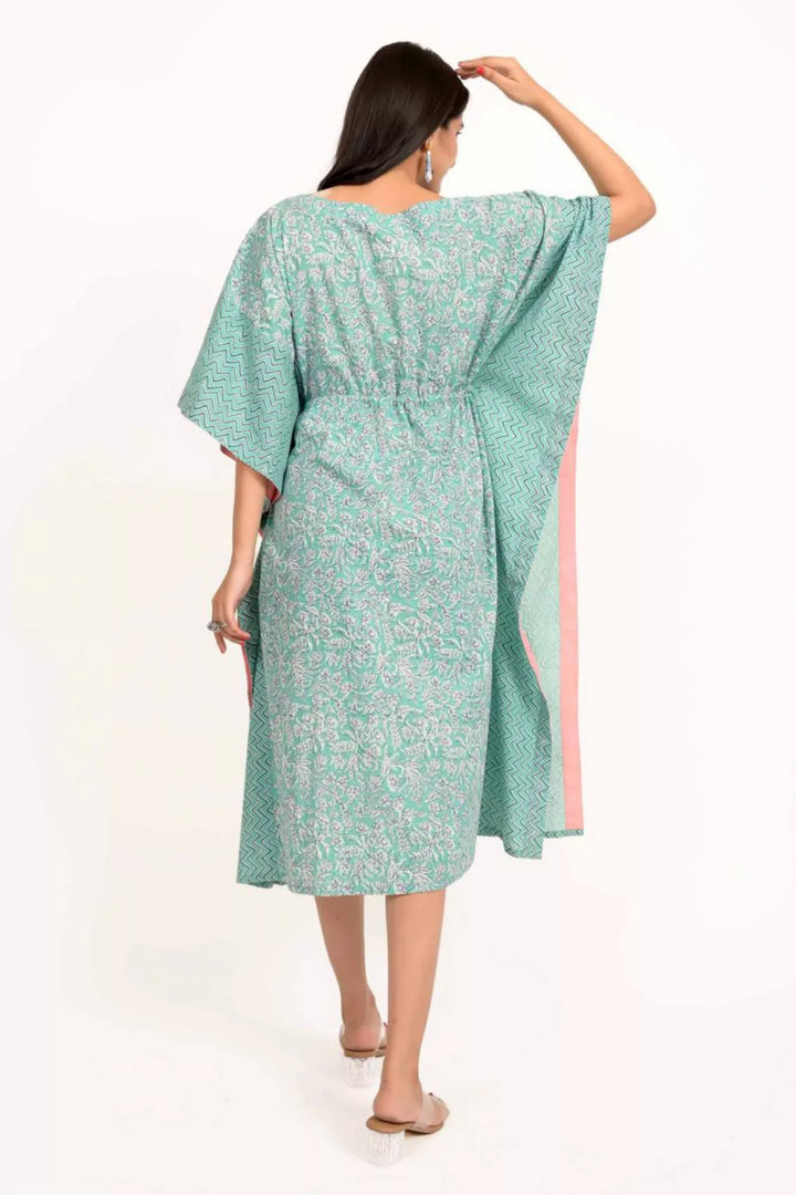 Sea Green And White Floral Print Kaftan