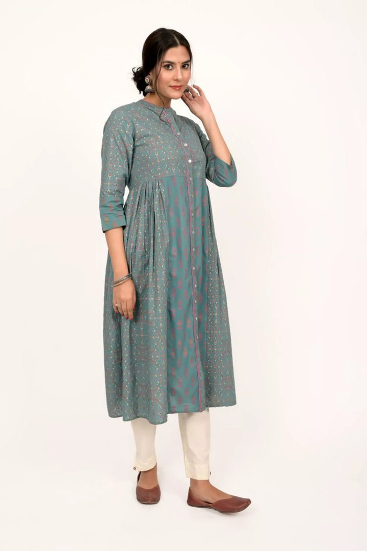 Teal Blue Printed Long Kurta With Gold Print