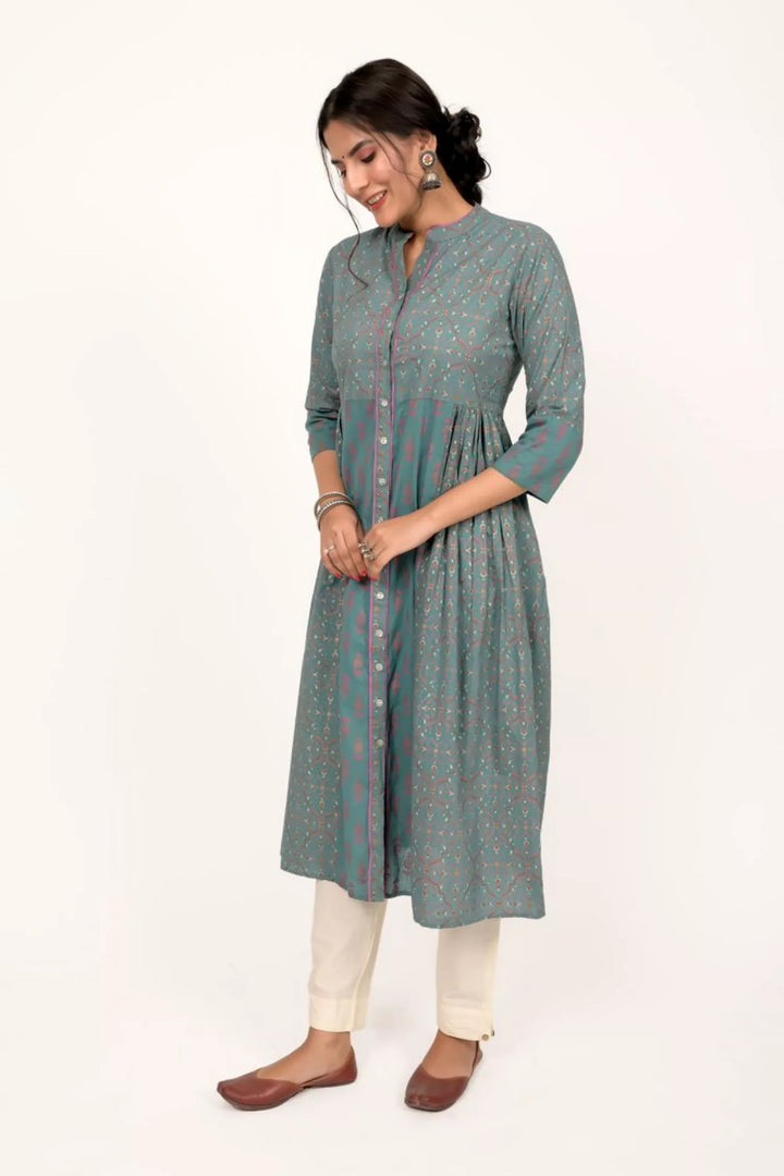 Teal Blue Printed Long Kurta With Gold Print