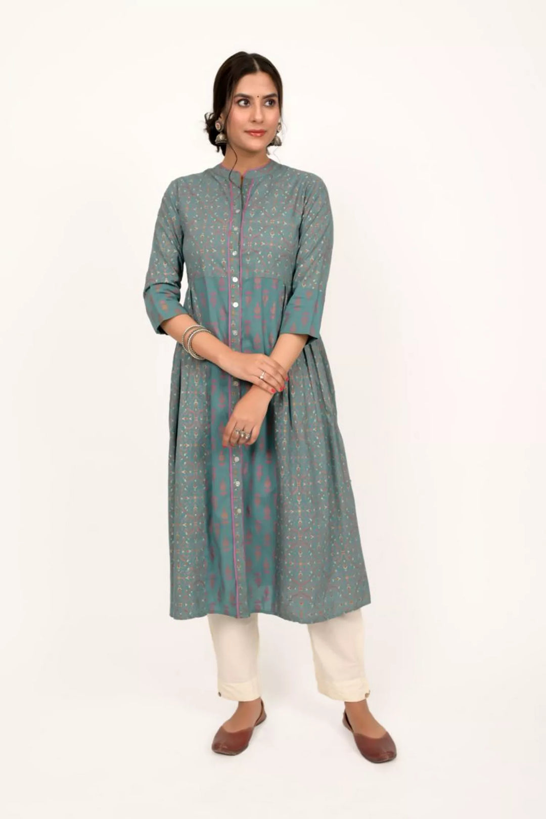 Teal Blue Printed Long Kurta With Gold Print