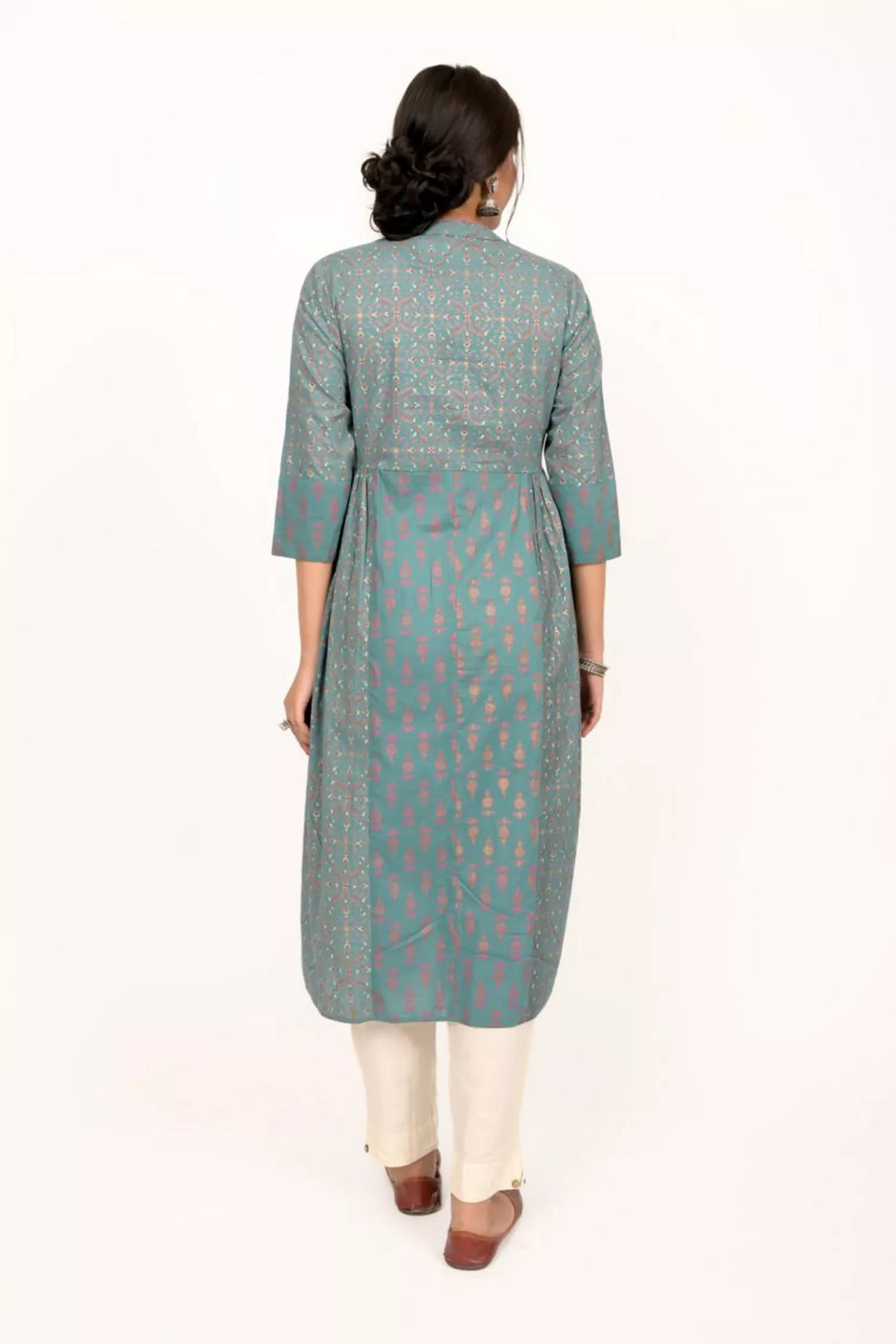 Teal Blue Printed Long Kurta With Gold Print